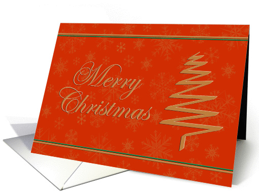 Elegant gold christmas tree on red background with snowflakes card