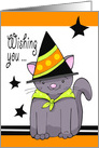 Cute Black Cat in Witches Hat Halloween Holiday Wishes card