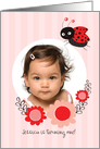 Little Lady Bug with Flowers 1st Birthday Photo card