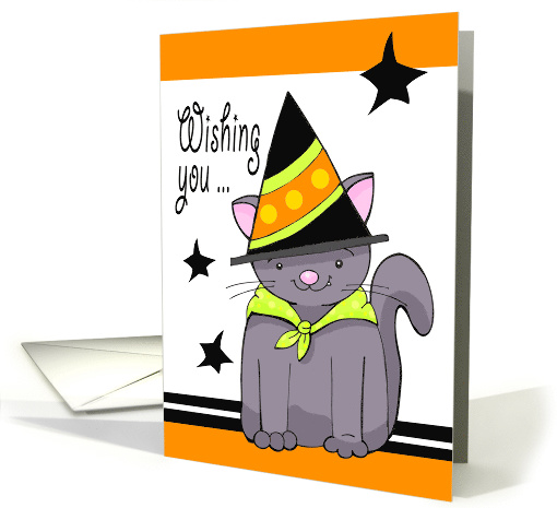 Cute Black Cat in Witches Hat Halloween Holiday Wishes card (1493852)