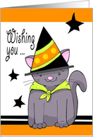 Cute Black Cat in Witches Hat Halloween Holiday Wishes card