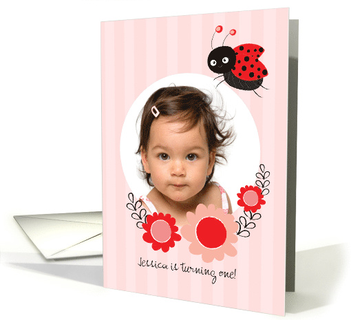 Little Lady Bug with Flowers 1st Birthday Photo card (1578384)