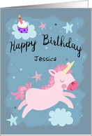 Happy Birthday Magical Unicorn and Cupcake Custom Name Card