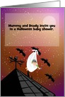 Bat stork Halloween Baby Shower card