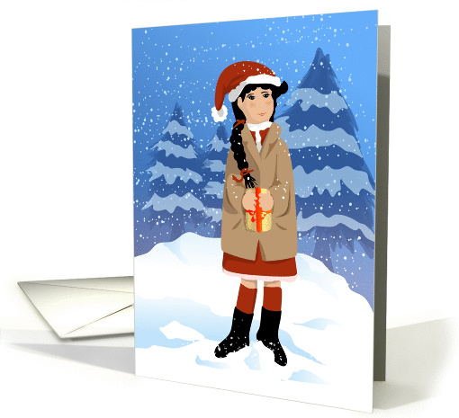A Christmas Present for You, Girl In Snow with Santa Hat and Gift card