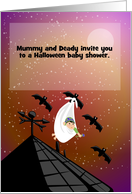 Bat stork Halloween Baby Shower card