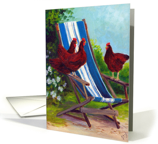 Three hens on a chair card (262781)