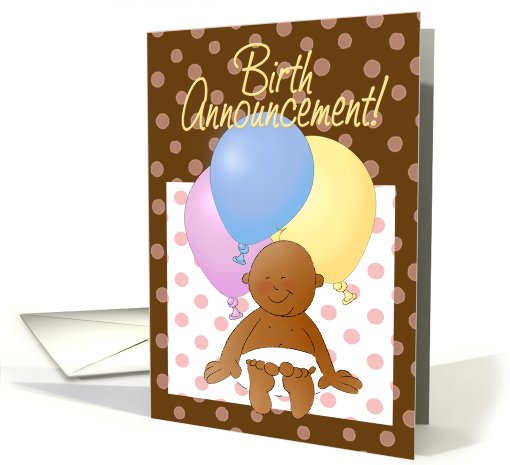 Birth Announcement cartoon! Baby with balloons and polka dots. card