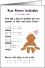 Baby shower invitation game! Cartoon baby word jumble. card