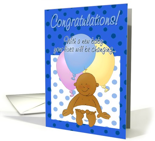 Congratulations on new baby! Cartoon baby and balloons. card (634774)
