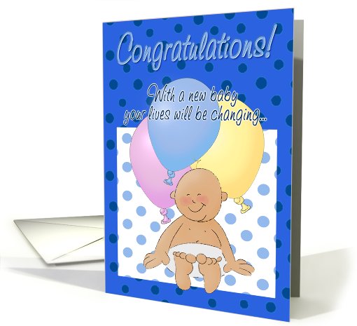 Congratulations on new baby! Cartoon baby and balloons. card (634777)