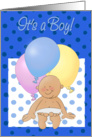 It’s a Boy! Birth announcement. Newborn! Cartoon baby and balloons. card