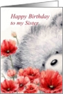Birthday Bear Holding Red Flowers for a Sister card