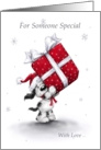 Grey Dog holding a Big Christmas Present card