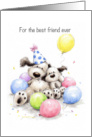 Cute best friend dogs cuddling with balloons to celebrate Birthday card