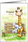Cute mouse and giraffe sitting on bench cuddling with friend card