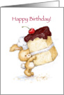 Cute rabbit offering a piece of cake for Birthday. card