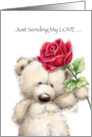 Cute bear giving a rose to his wife for her birthday card