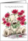 Cute bear holding a bunch of roses for his wife. card