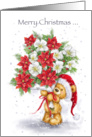 Cute bear holding a bunch of Christmas flowers. card