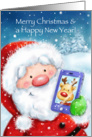 Santa on cellular phone saying Christmas greeting with reindeer. card