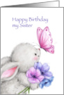Birthday card with cute rabbit holding flowers, butterfly kissing card