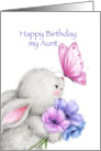 Birthday card for aunt with cute rabbit holding flowers. card