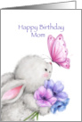 Birthday card for mom with cute rabbit holding flowers. card
