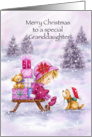 Cute little girl sitting on sleigh with Christmas presents and dog. card