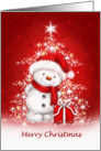 Cute snowman with red Christmas present in front of brilliant tree. card