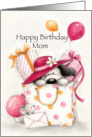 Cute dog popping up from shopping bag for Mother’s birthday. card