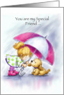Little girl offering umbrella for her special dog friend in rain. card