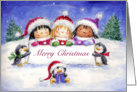 International girls and penguins greeting Merry Christmas. card