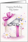 Cute grey bear popping out from Birthday present for Sister. card