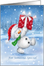 Cute snowman marching with big present, Christmas greeting card. card