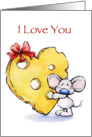 Cute blue nose mouse holding huge cheese to say I LOVE YOU card. card