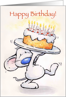 Cute blue nose mouse carrying huge birthday cake, birthday card. card