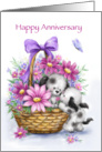 Cute dogs with beautiful flower basket, happy anniversary for wife. card