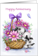 Cute dogs with beautiful flower basket,happy anniversary for my spouse card