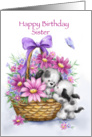 Cute dogs with beautiful flower basket, happy birthday sister. card