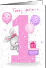Cute rabbit popping with balloons and birthday presents for 1 year old card