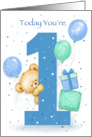 Cute bear popping with balloons and birthday presents for 1 year old. card