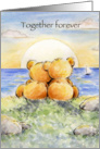 Loving couple bear watching sunset at sea for forever love card. card