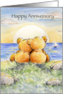 Loving couple bear watching sunset at sea, anniversary card. card