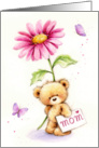 Cute bear with big flower and letter for mom, happy birthday. card