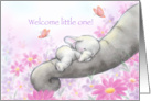 Baby elephant asleep on mom’s trunk,new baby congratulations. card