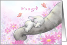 Baby elephant asleep on mom’s trunk,congratulations on new baby girl. card