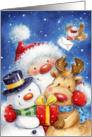 Santa,reindeer,snowman and robin greeting Christmas & New Year. card