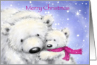 Polar cub nestling her mother in snow flakes for christmas time. card