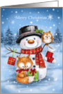 Christmas greeting from cute santa,fox and owl in snow scene. card